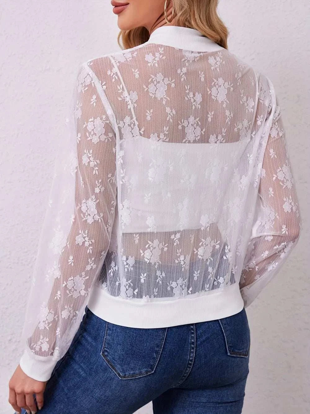 White lace baseball collar zip-up jacket with floral pattern and sheer design