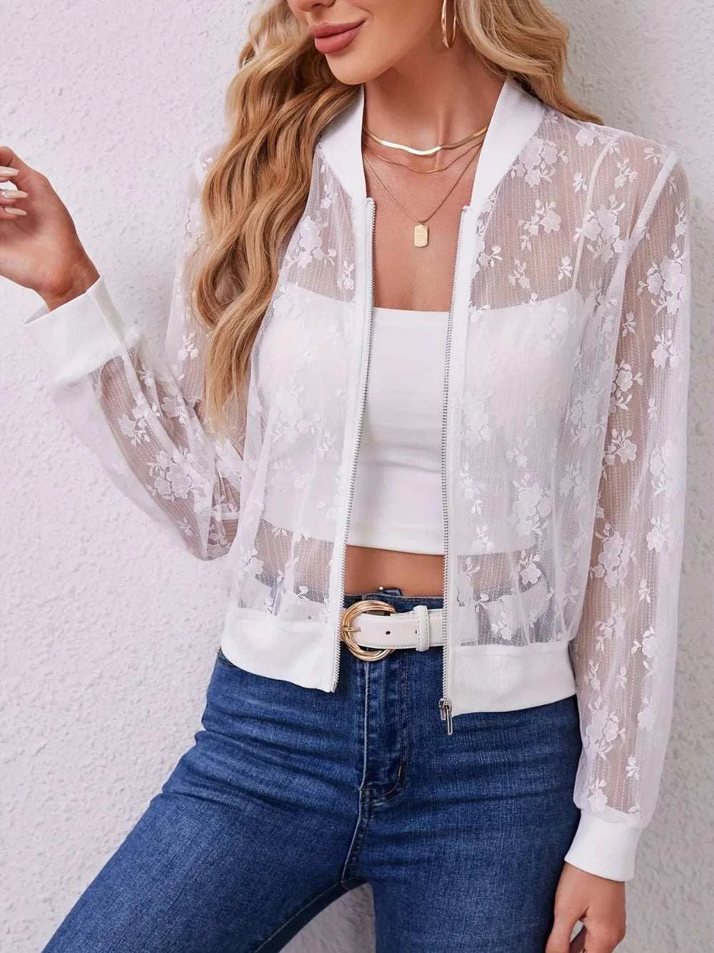 White lace baseball collar zip up jacket with floral pattern and sheer long sleeves