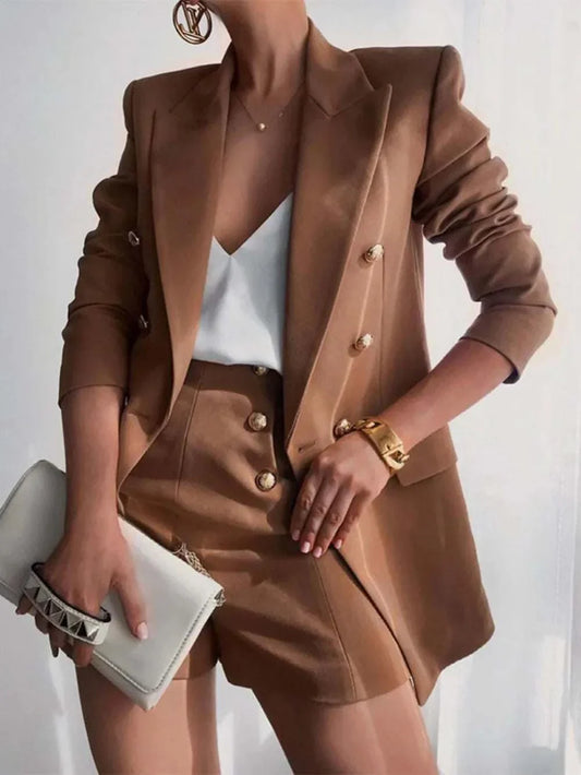 brown lapel collar long sleeve blazer and matching shorts set with decorative buttons and slight stretch