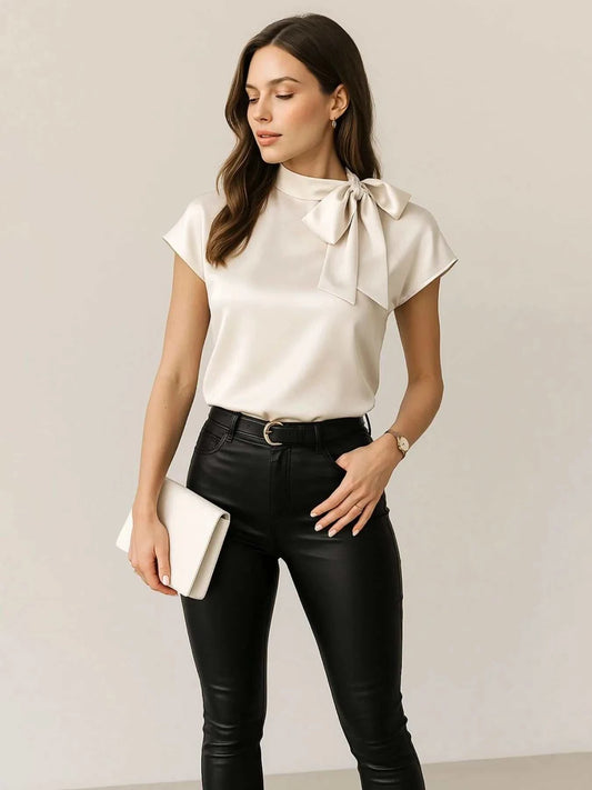 Woman wearing a white satin bow tie neck blouse with short sleeves paired with black pants, holding a white clutch.