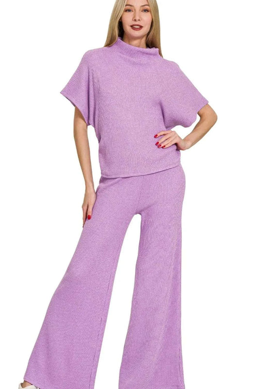 Lavender knit sweater mock neck top with matching wide-leg palazzo pants set for women