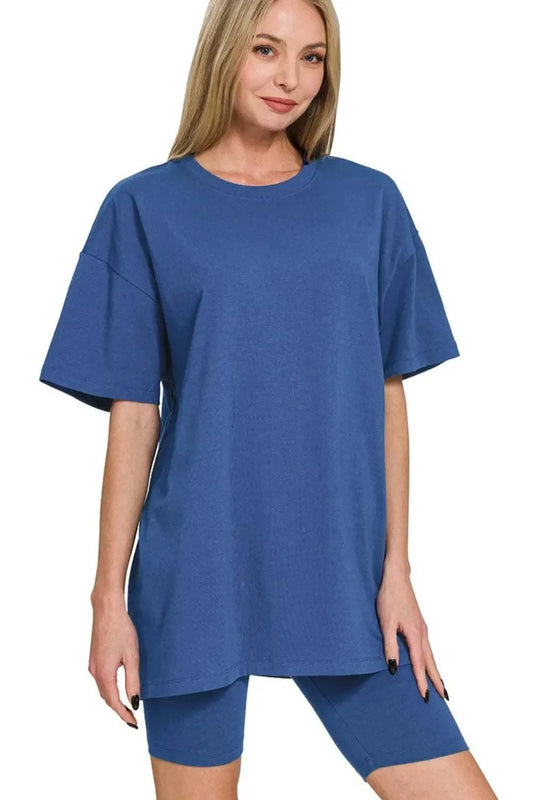 Zenana Cotton oversized round neck top and fitted biker shorts set in blue for casual wear
