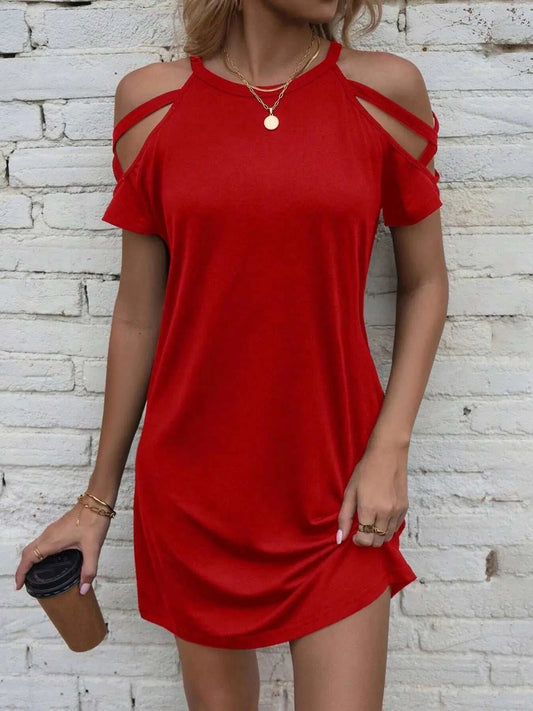 Red cold shoulder mini dress with cutout sleeves and basic style, made of polyester and elastane, machine washable.