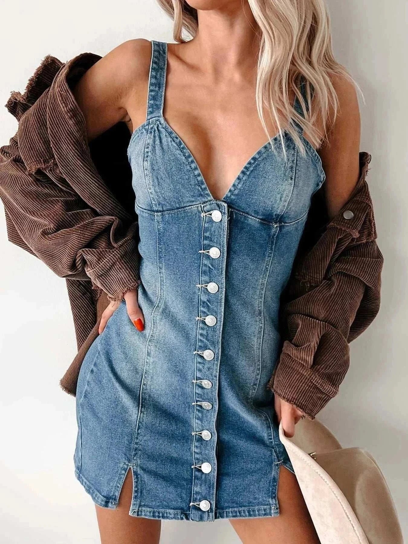 Woman wearing button front sweetheart neck denim mini dress with brown jacket draped over shoulders