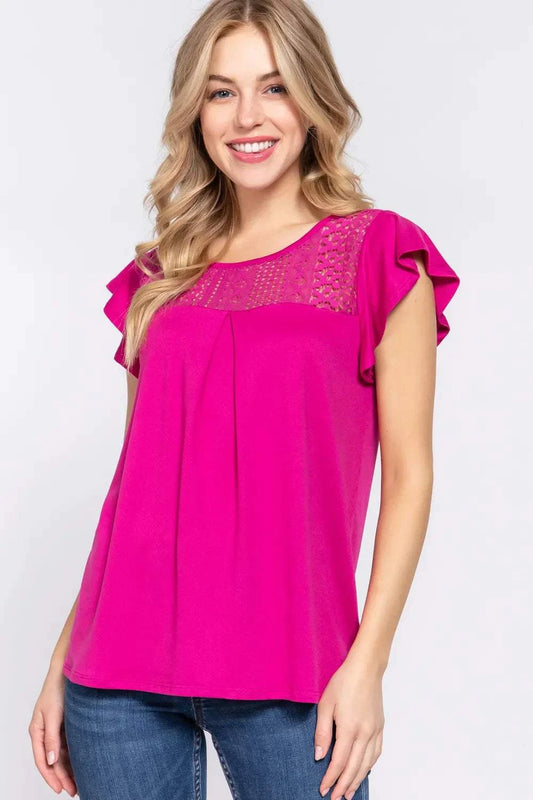 Pink ACTIVE BASIC ruffle short sleeve knit top with lace detail and casual fit