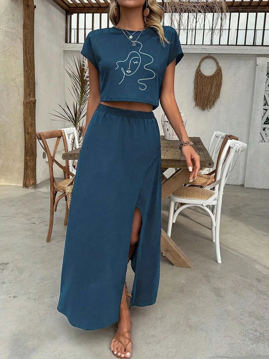Women wearing navy blue round neck short sleeve top and split skirt set in casual indoor setting