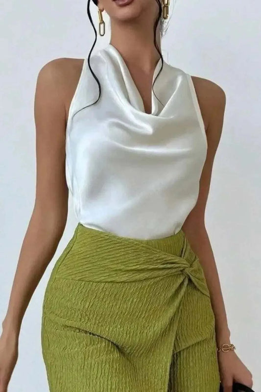 White satin cowl neck sleeveless blouse with slight stretch and silky finish