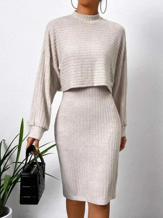 Beige ribbed mock neck long sleeve top and wide strap dress two-piece set for women