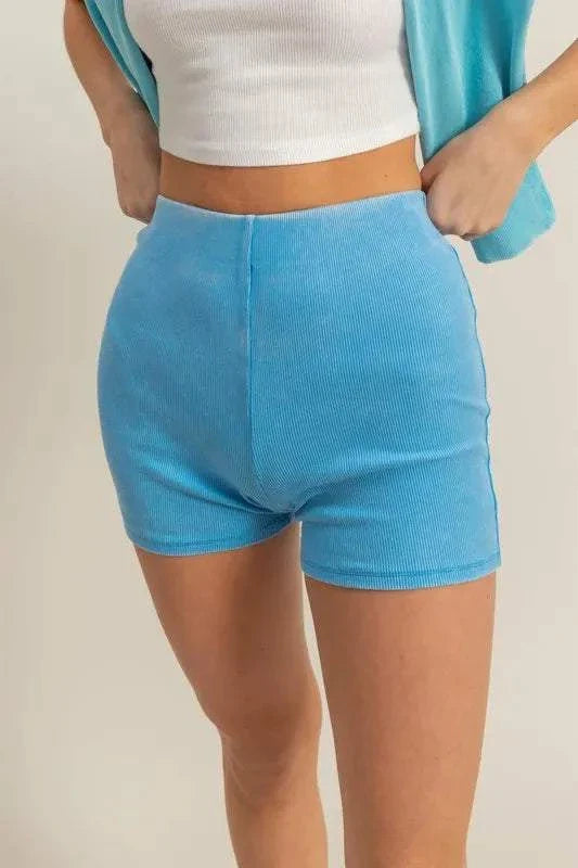 Blue high waist ribbed fitted biker shorts for women with a stretchy cotton blend fabric.