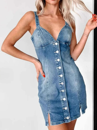 Women's button front sweetheart neck denim mini dress with slight stretch and adjustable straps