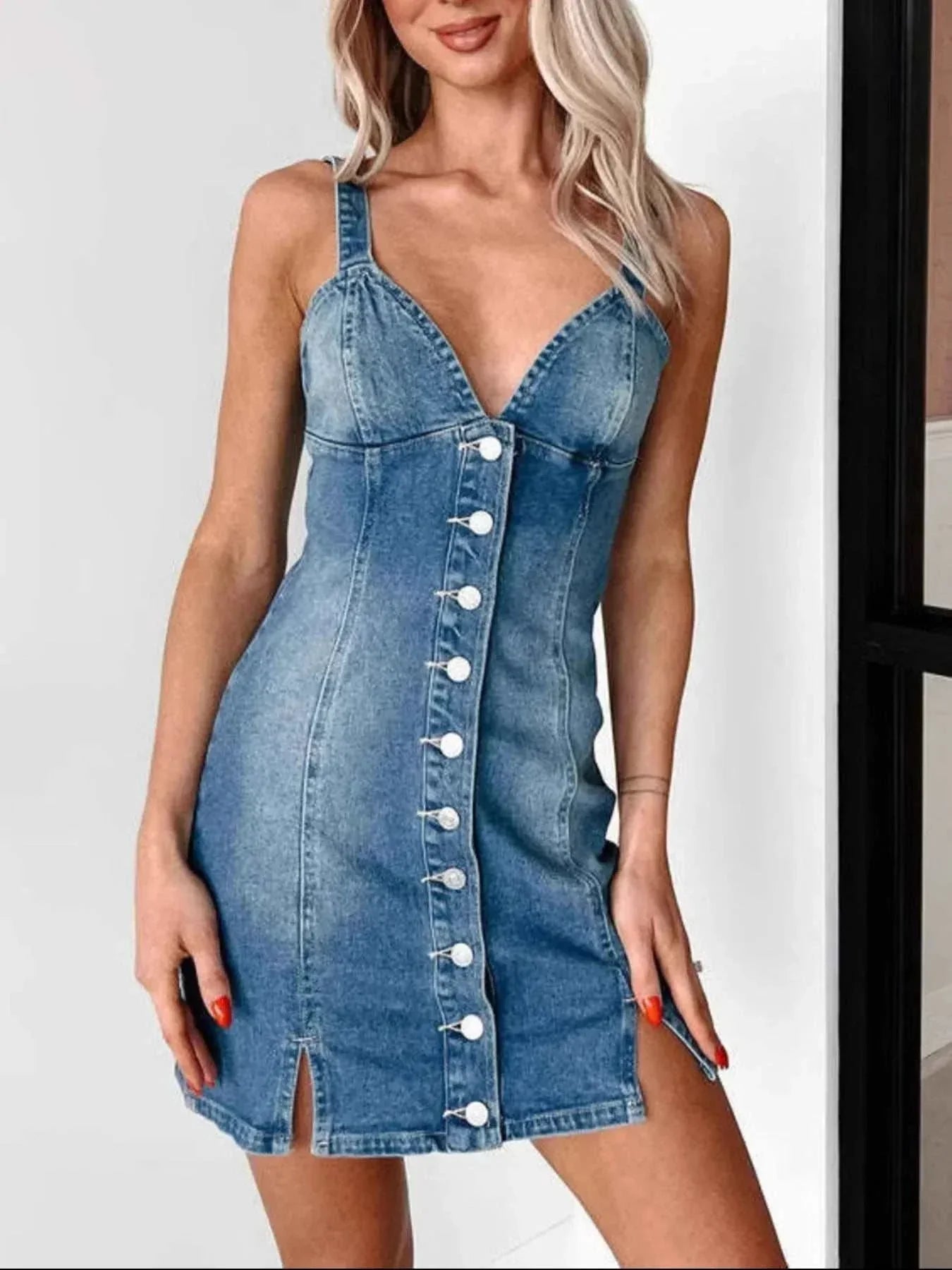 Women's button front sweetheart neck denim mini dress with slight stretch and white buttons